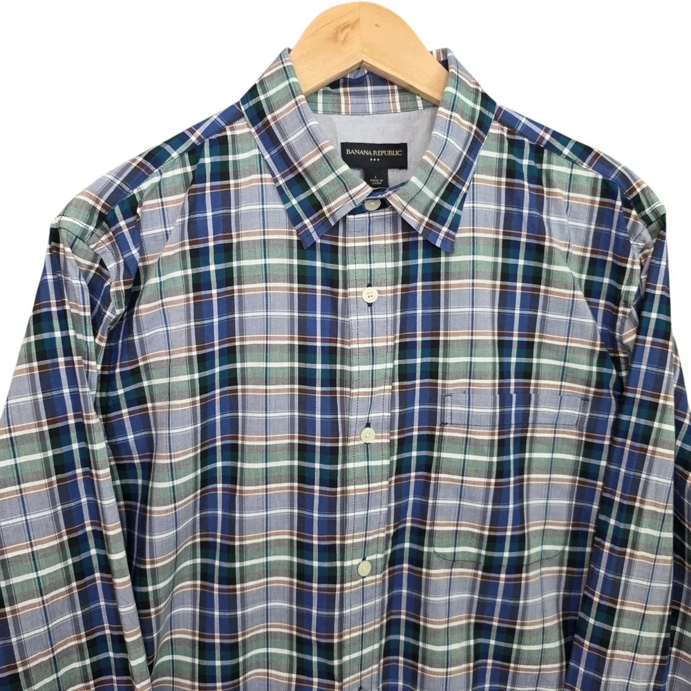 Banana Republic Shirt Mens Large Blue Plaid Button Up Long Sleeve Casual Pocket